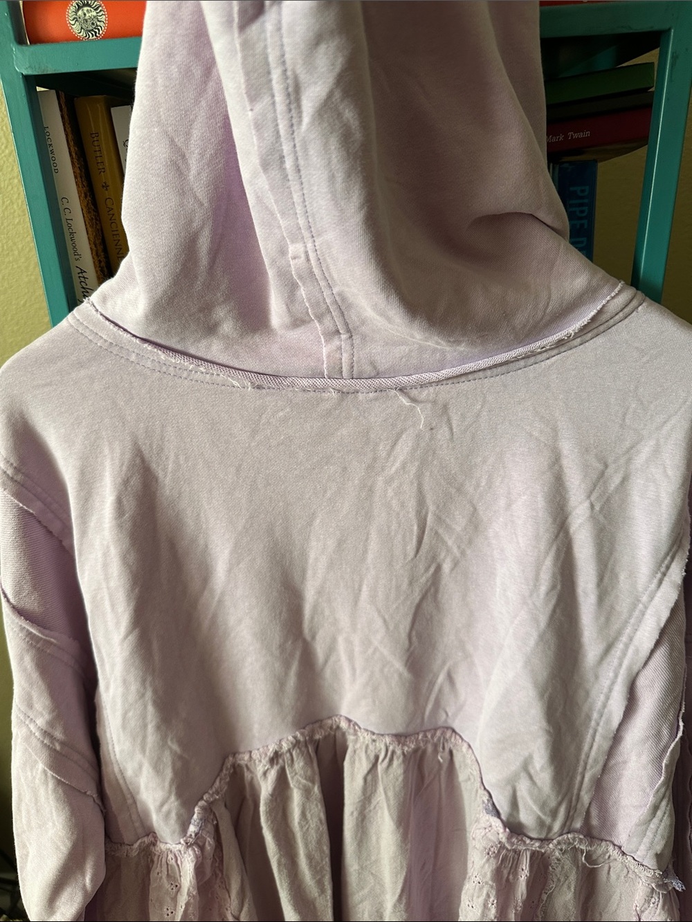 Light Lavender Hooded Pullover with Eyelet and Lightweight Cotton Tier Raw Seams - Picture 15 of 17